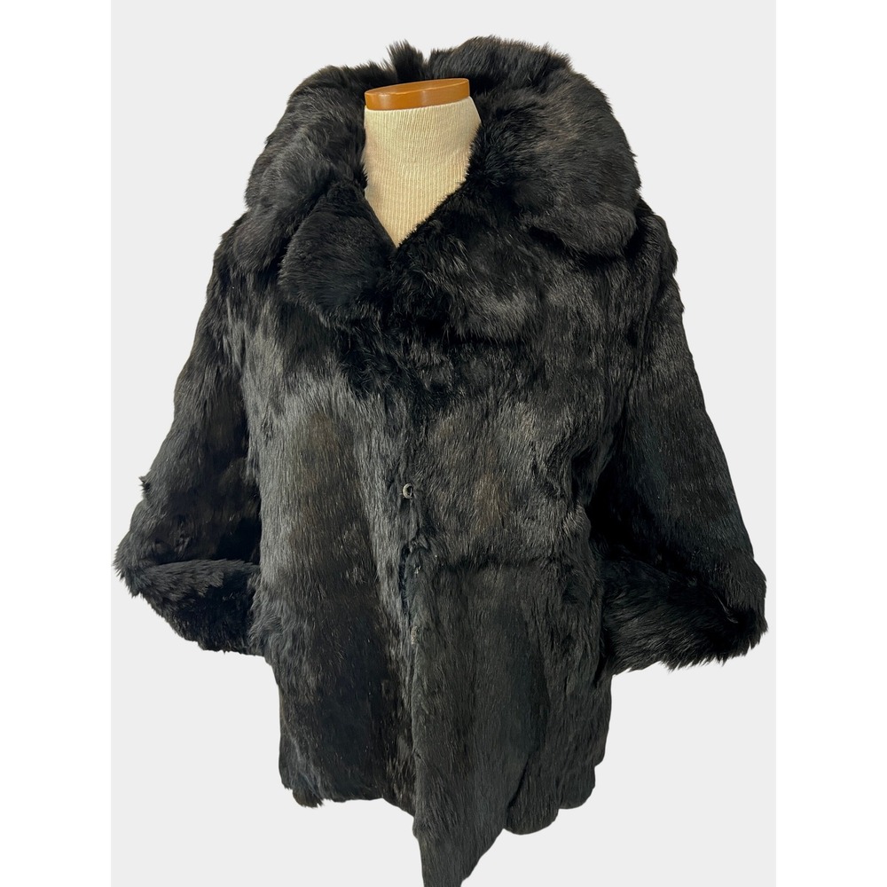 Furmode Rabbit Fur Coat Womens 13/14 Black Good Vintage Quilted Lining‎